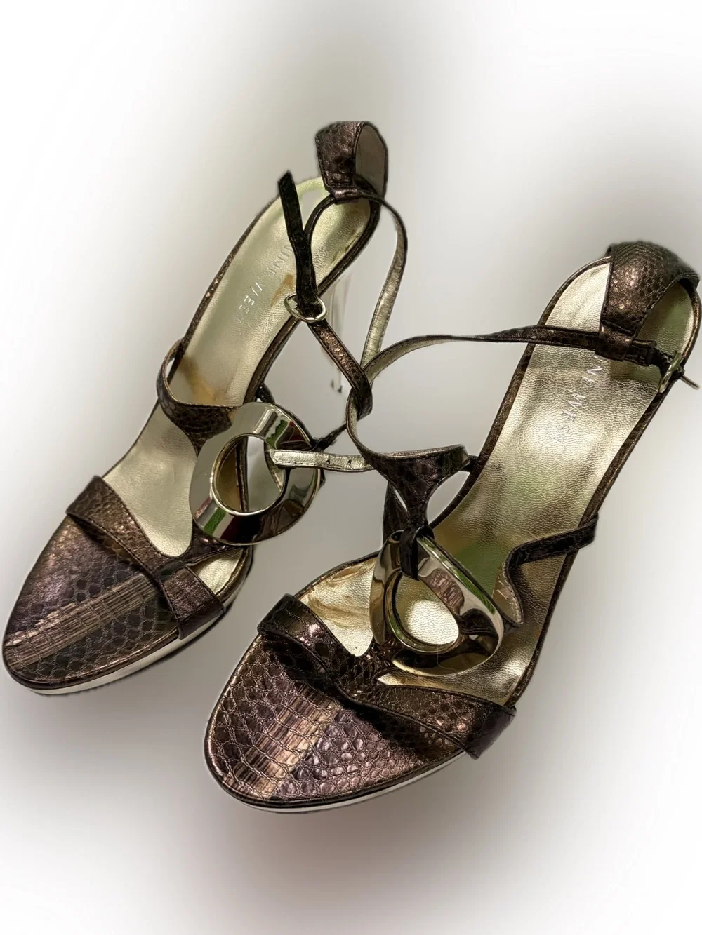 Nine West Metallic Brown Strappy Heels with Gold Accent